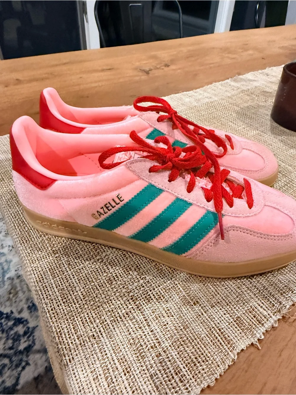 adidas Gazelle Pink Sneakers with Teal Stripes and Red Laces